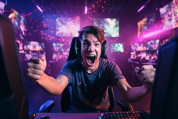Gamer's jump of joy with a wide grin, gamer rejoices in victory, blurred background, bokeh Generative AI - obrazy, fototapety, plakaty