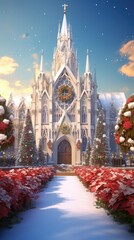 serene view of a cathedral adorned with christmas decorations cartoon style