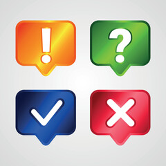 Notification speech bubble. question mark, exclamation mark, check mark and cross
