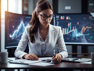 Businesswoman analyzing company financial data