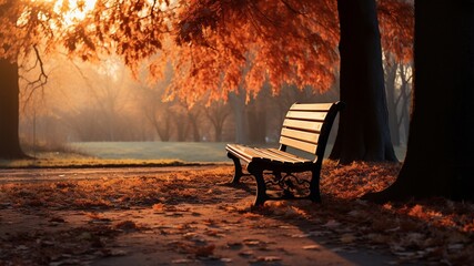 Empty wooden bench and road in autumn park at sunset