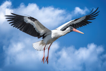 Fototapeta na wymiar Stork in flight on blue sky