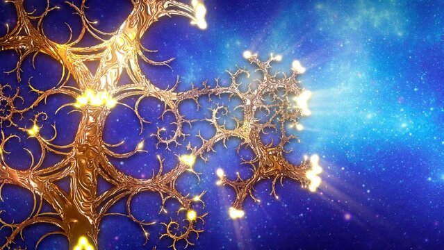 Gold fractal sacred geometry vine growing over blue stars space background. The last 8 seconds are loopable.