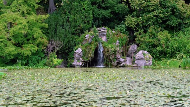 Water Lily (Nympheas) Pond and Cascade in the Bagatelle Park. The Park is located in Boulogne-Billancourt near Paris, France