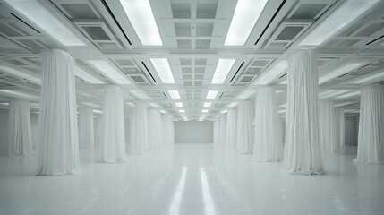 White interior of not existing building with columns, white tulle and beamed ceilings and top light in perspective. Symmetrical view, render.
