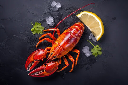 Top view of whole red lobster with ice and lemon on a dark background
