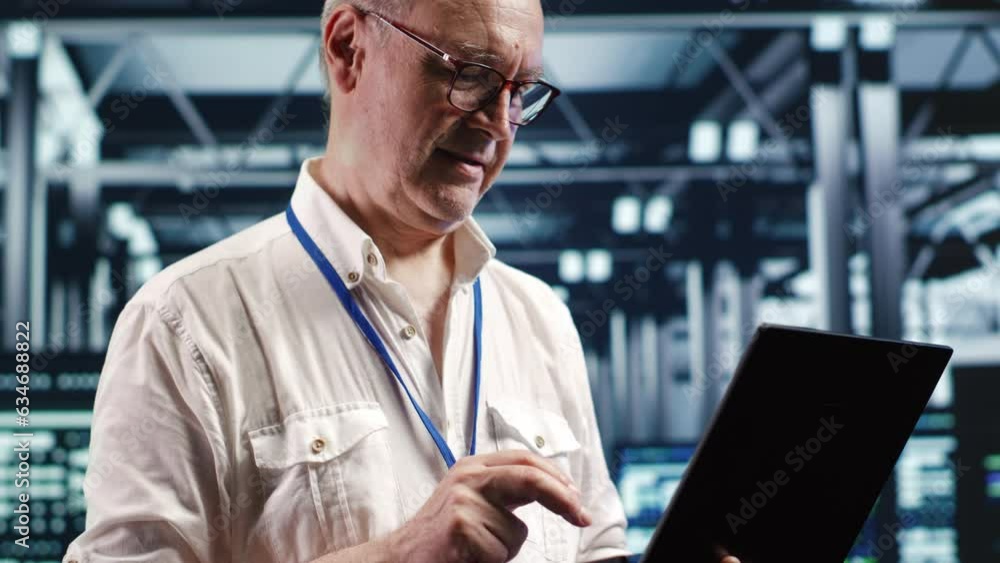 Aufkleber aged professional navigating network of server units in industrial hub. technician with laptop doing
