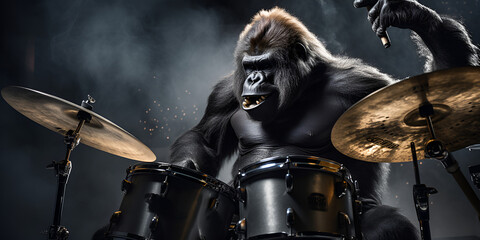Funny image of Gorilla rock band drum beating high quality image generative AI