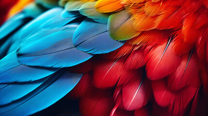 Obraz premium Closeup of a vibrant parrot. Background of parrot feathers showcasing a red and blue exotic texture. Generative AI.