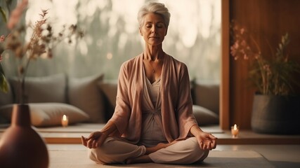 Mature woman in peach fuzz pajamas meditating in lotus pose at home