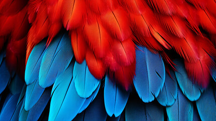 Closeup of a vibrant parrot. Background of parrot feathers showcasing a red and blue exotic texture. Generative AI.