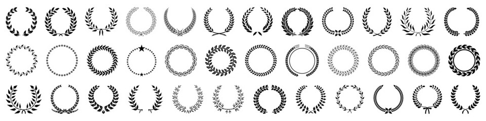 Laurel wreath collection. Set of black wreaths and branches. Laurels wreaths, swirls, twigs collection. Award, success, champion wreath icon collection