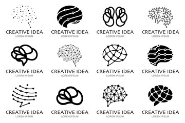 Brain logo collection. Set of creative idea logo with brain icon. Brainstorm, brain logo, idea mind collection
