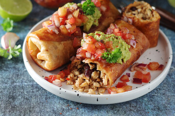 A typical dish of Mexican cuisine - Chimichanga, made of tortilla with different ingredients
