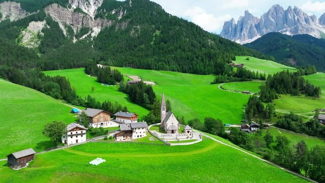 Santa Maddalena village and The Dolomites mountains in background, Val di Funes valley, Trentino Alto Adige region, Italy, Europe.