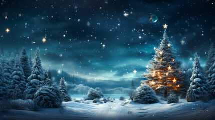 Beautiful Christmas tree in winter landscape, illustration. space for text