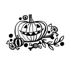 Graphics for Halloween, pumpkin, candy, bones. Cartoon clipart for festive design. Watercolor illustration, hand-drawn