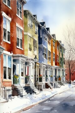 Winter vibrant town, city street with different colored buildings, Watercolor illustration