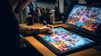 A digital artist creating design on computer