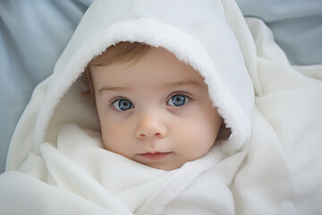 A delightful little Caucasian baby with big blue eyes and a tiny nose, wrapped in a soft white blanket on a bed, with an ideal background for advertisements.

Generative AI.