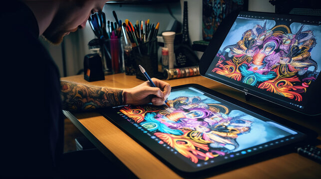 A digital artist creating design on computer