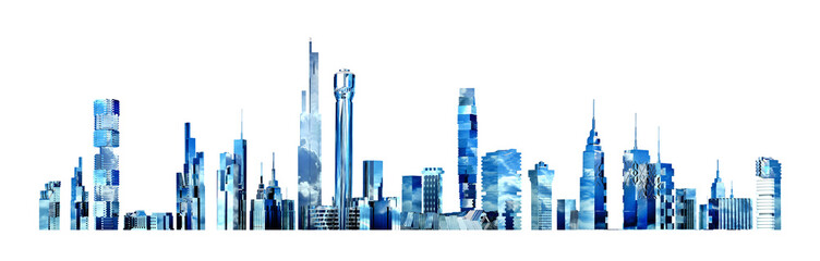 Beautiful panoramic City view with skyscrapers, office buildings with blue sky reflection. 3D rendering illustration