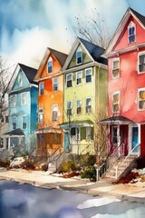 Fototapeta premium vibrant town, city street with different colored buildings, Watercolor illustration