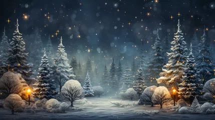 Foto op Aluminium Beautiful fir trees in winter landscape, illustration. space for text. Christmas postcard © zamuruev