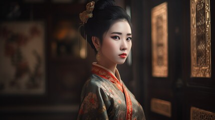 Asian woman in traditional kimono on dark background. - obrazy, fototapety, plakaty