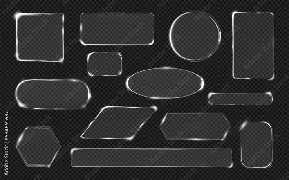 Poster Glass frames with light corners, sides, and edges, realistic illustration collection. Isolated borders for copy space, empty and blank containers of rectangular and circular shapes