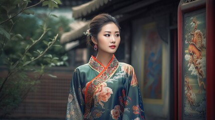 Fototapeta premium Asian woman in traditional kimono on dark background.
