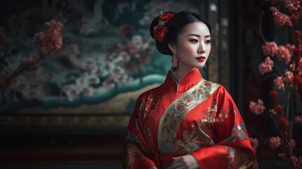 Asian woman in traditional kimono on dark background.