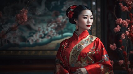 Asian woman in traditional kimono on dark background. - Powered by Adobe