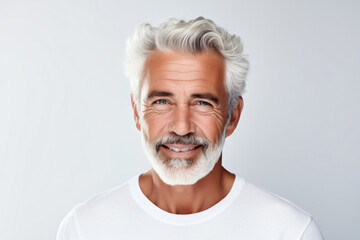 A close-up portrait of an attractive elderly man, showcasing a bright smile with pristine teeth, intended for a dental advertisement. He features a fresh, stylish haircut and beard. Gen AI