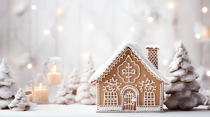 Papier Peint photo Boulangerie Christmas gingerbread house decoration on white background of defocused golden lights. Hand decorated.