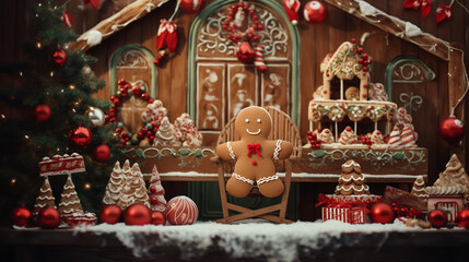 Fototapeta premium Christmas gingerbread cookies and gingerbread man with Christmas decorations on dark background with lights. Traditional Christmas baking.