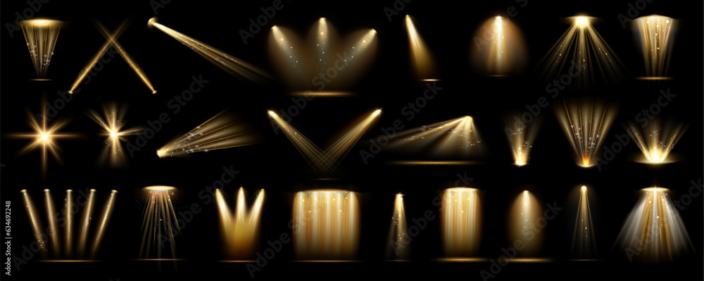 Poster limelight and spotlight for stage or scene, realistic illustration collection. isolated golden illum