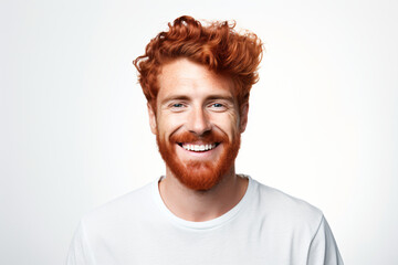 Fototapeta premium A close-up portrait of a striking young Irish redhead smiling, revealing pristine teeth. Sporting fashionable hair and beard, used for a dental advertisement. Isolated on a white background.GenAI