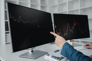 Stock investor, business man is trading stocks for profit, stock market oscillating graph screen, investment management, analyzing profit trading in stocks. Concept of investing in stocks.