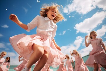 Happy girls wearing pastel pink clothes jumping in school yard. Joyful teenagers concept. Generative AI