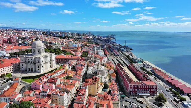 Lisbon: Aerial view of capital city of Portugal, National Pantheon (Pante&atilde;o Nacional), sunny summer day - landscape panorama of Europe from above