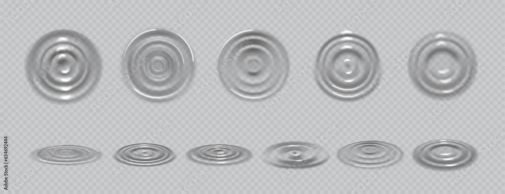Poster drop traces on the water surface, realistic illustration collection. isolated ripple texture, bubble