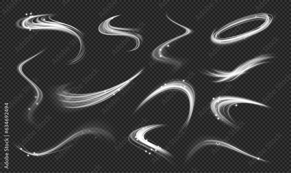 Poster swirls and glowing effects with dust, realistic illustration collection. isolated curves and waves, 