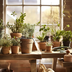 Rustic pots with house plants indoors. Created with generative AI technology.