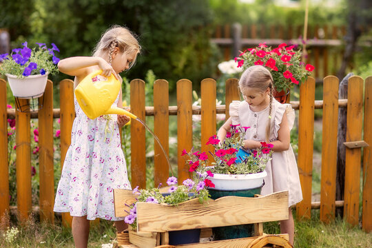 Children With A Watering Can Watering Flowers, Funny, Laughter, Summer, Garden, Vegetable Garden, Village