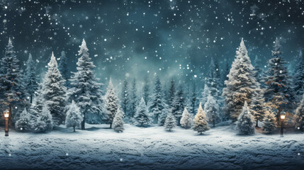 Fototapeta na wymiar Beautiful fir trees in winter landscape, illustration. space for text. Christmas postcard