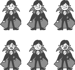 いろいろな表情のシンプルにデフォルメしたドラキュラのモノクロイラストセット