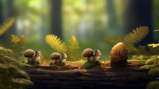 cute autumnal ai creatures, pinecone critters