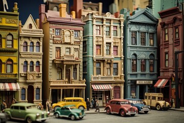 Obraz premium vibrant town, city street with different colored buildings and cars, toy sculptures, detailed miniatures illustration