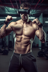 Fototapeta na wymiar Attractive young man wearing virtual reality headset and holding gaming controller while fight workout at fitness gym sportsman using innovative technology VR glasses for exercise.